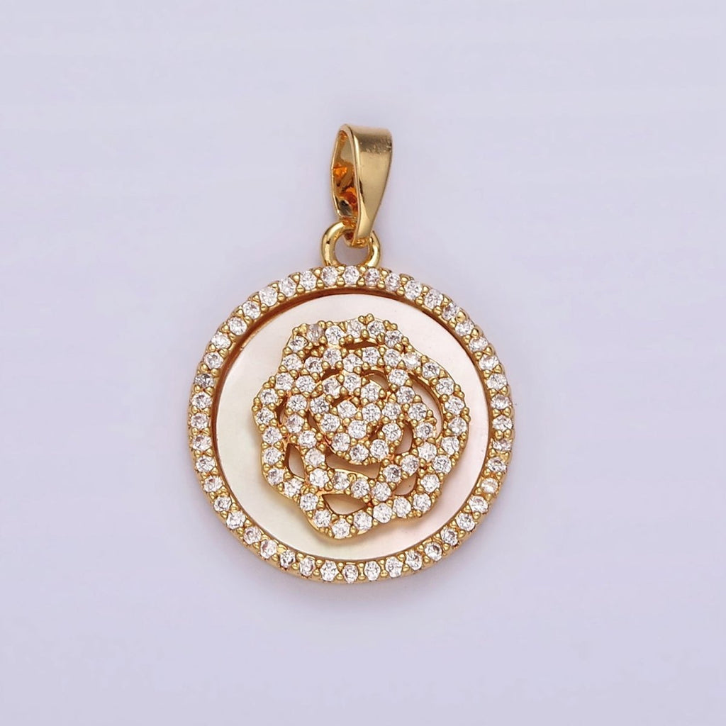 14K Gold plated Rose Flower Shell Pearl Micro Paved CZ Round Pendant | AH053 - DLUXCA