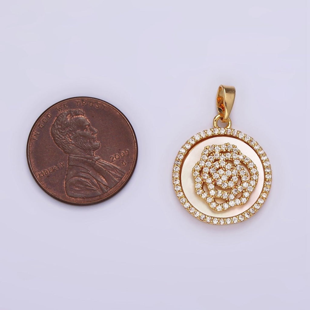 14K Gold plated Rose Flower Shell Pearl Micro Paved CZ Round Pendant | AH053 - DLUXCA