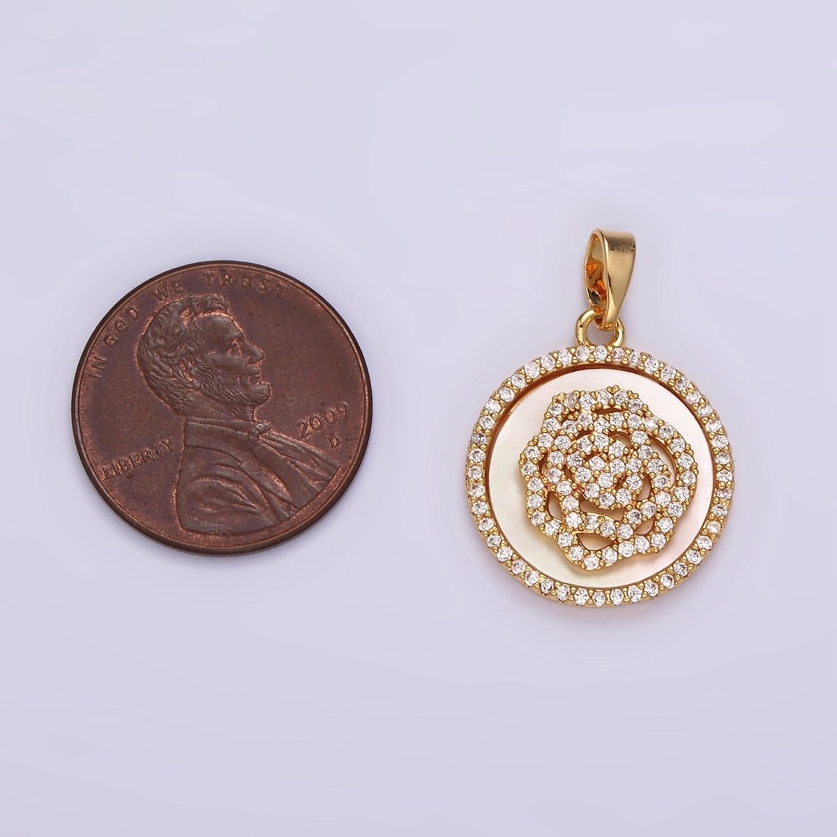14K Gold plated Rose Flower Shell Pearl Micro Paved CZ Round Pendant | AH053 - DLUXCA