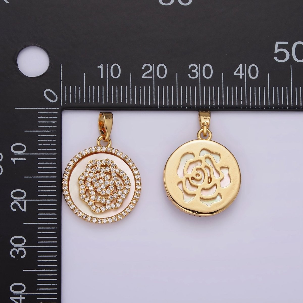 14K Gold plated Rose Flower Shell Pearl Micro Paved CZ Round Pendant | AH053 - DLUXCA
