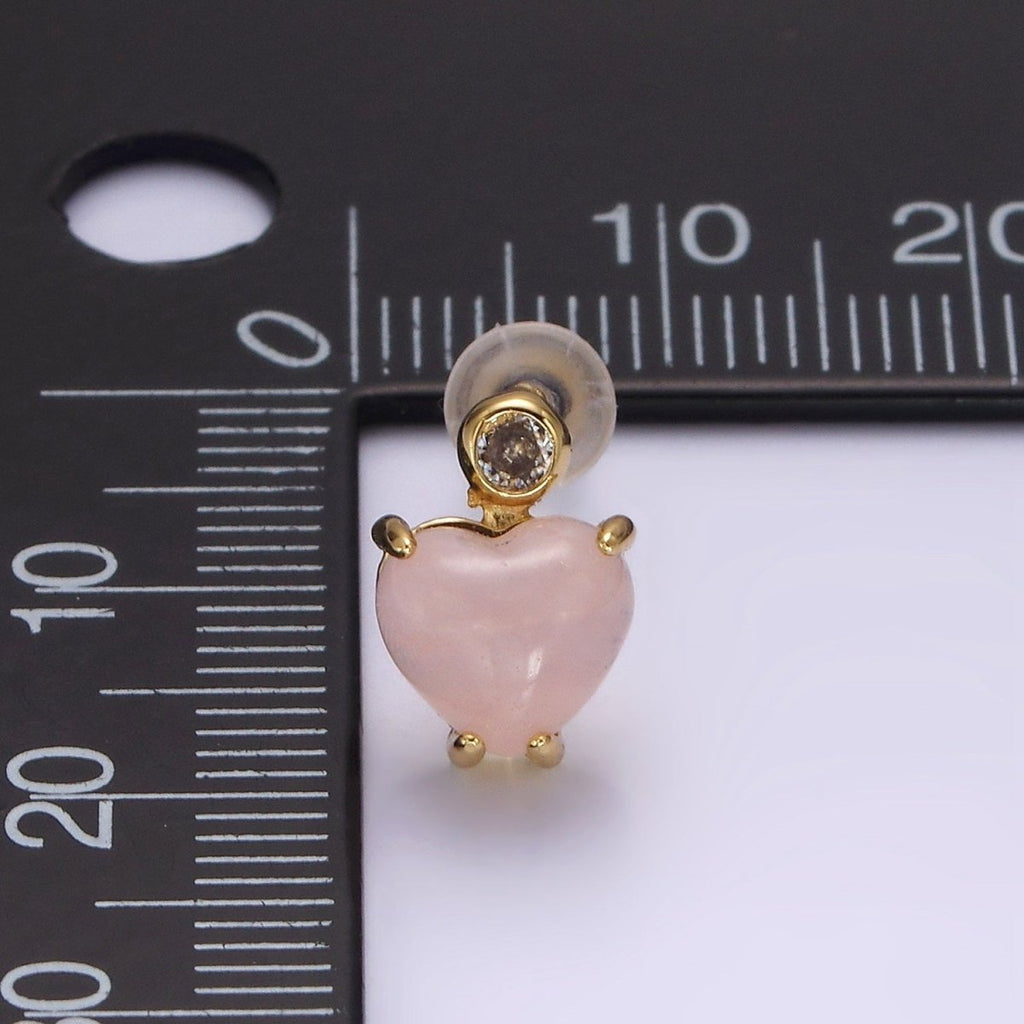 14K Gold plated Rose Quartz Heart Clear CZ Drop Stud Earrings | AE985 - DLUXCA