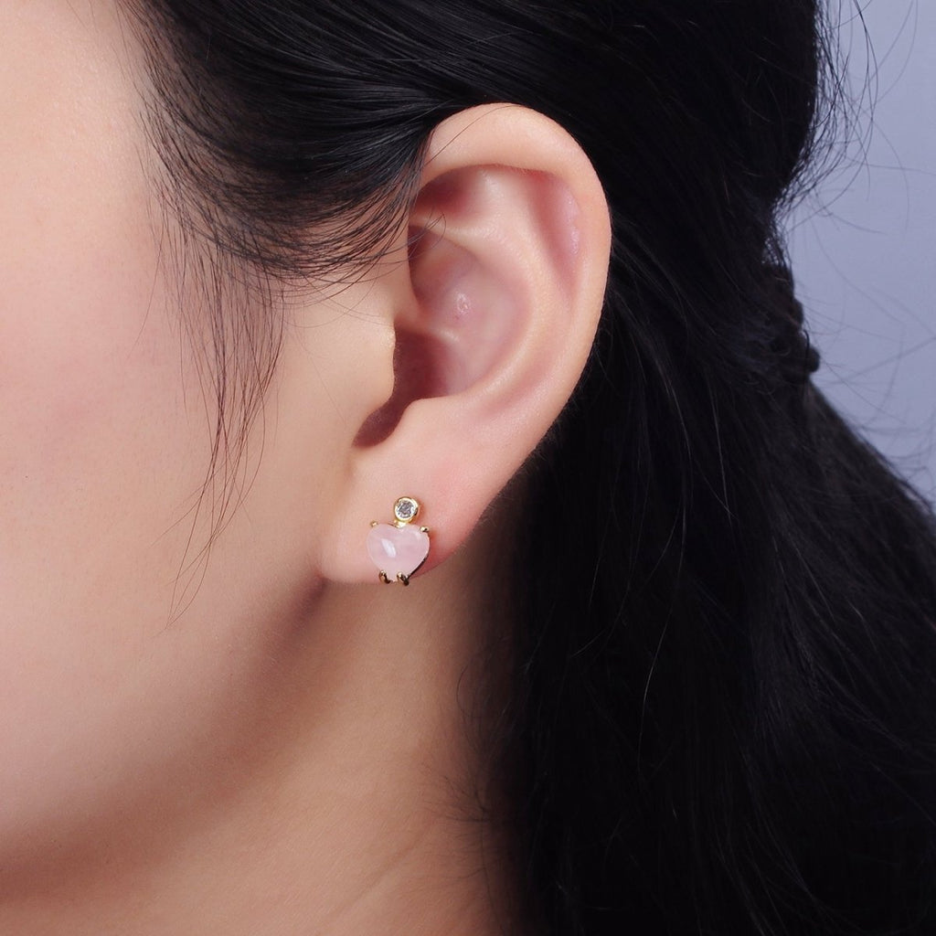 14K Gold plated Rose Quartz Heart Clear CZ Drop Stud Earrings | AE985 - DLUXCA