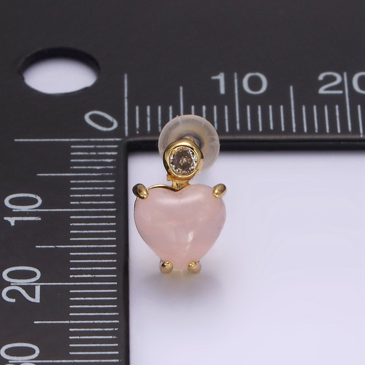 14K Gold plated Rose Quartz Heart Clear CZ Drop Stud Earrings | AE985 - DLUXCA