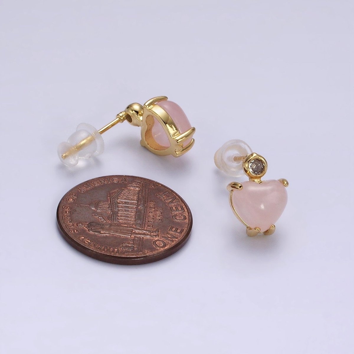 14K Gold plated Rose Quartz Heart Clear CZ Drop Stud Earrings | AE985 - DLUXCA
