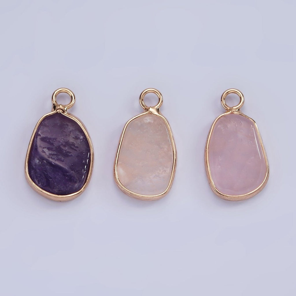 14K Gold plated Rose Quartz, Pink Quartz, Amethyst Abstract Oval Bezel Charm | N1696 - N1698 - DLUXCA