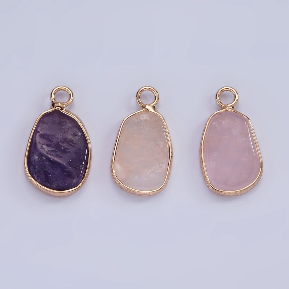 14K Gold plated Rose Quartz, Pink Quartz, Amethyst Abstract Oval Bezel Charm | N1696 - N1698 - DLUXCA