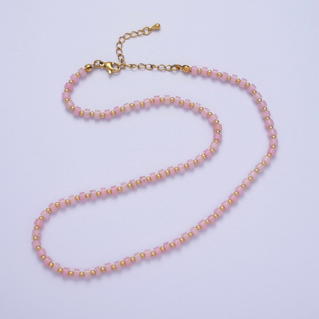 14K Gold plated Rose Quartz Rondelle Gemstone Bead 15.5 Inch Choker Necklace | WA - 01430 - DLUXCA