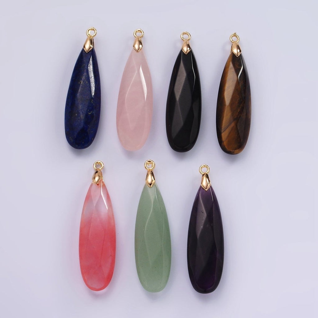 14K Gold plated Rose Quartz, Tourmaline, Aventurine, Lapis Lazuli, Tiger Eye, Amethyst, Onyx Teardrop Multifaceted Charm | AG471 - AG477