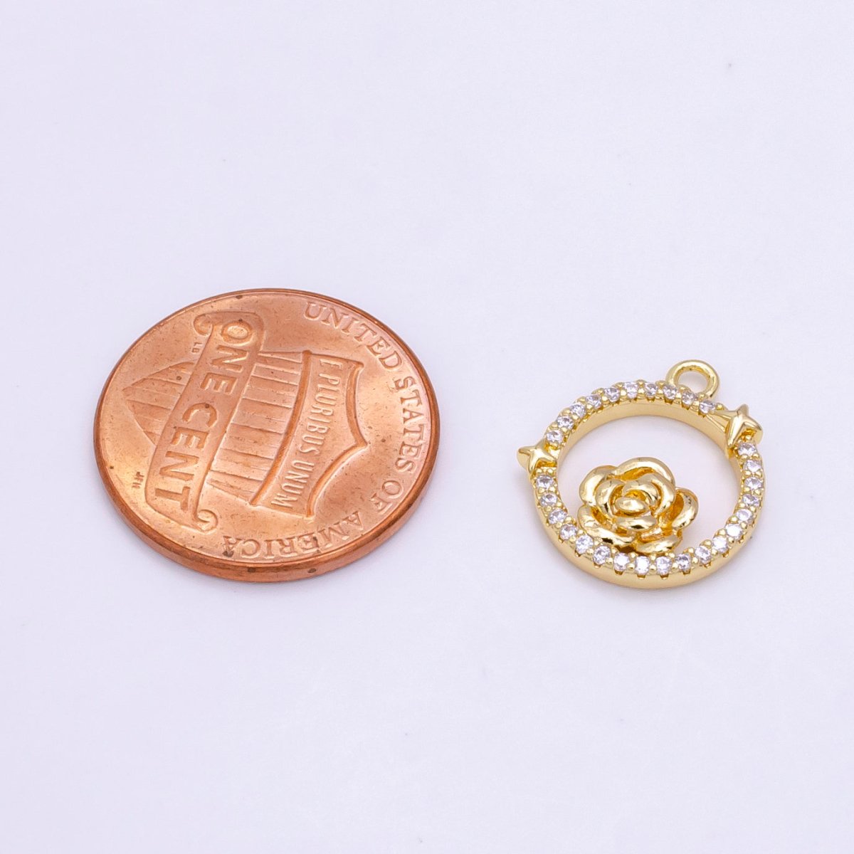 14K Gold plated Rose Star Open Micro Paved Round Charm in Gold & Silver | W469 W470 - DLUXCA
