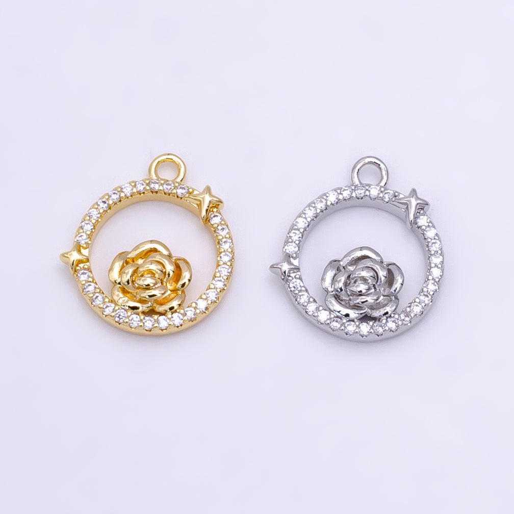 14K Gold plated Rose Star Open Micro Paved Round Charm in Gold & Silver | W469 W470 - DLUXCA