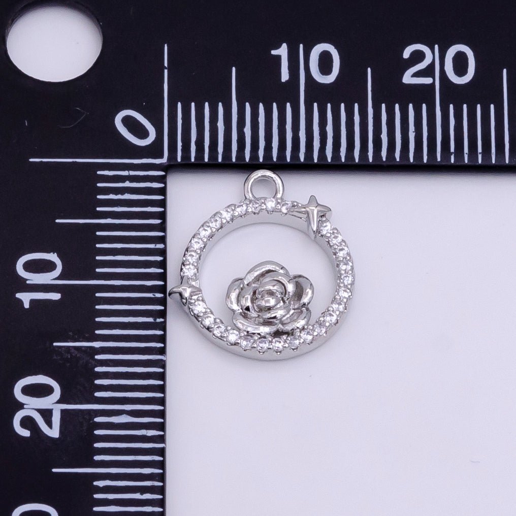 14K Gold plated Rose Star Open Micro Paved Round Charm in Gold & Silver | W469 W470 - DLUXCA