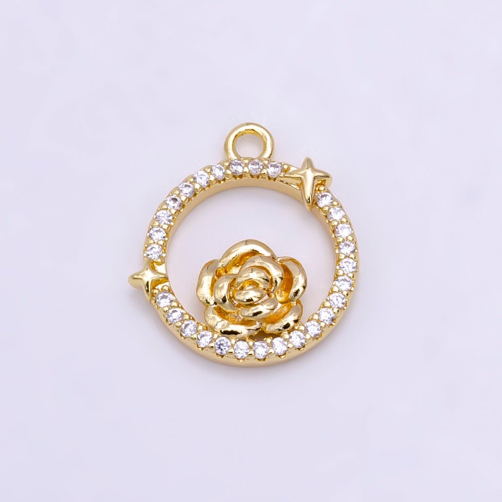 14K Gold plated Rose Star Open Micro Paved Round Charm in Gold & Silver | W469 W470 - DLUXCA