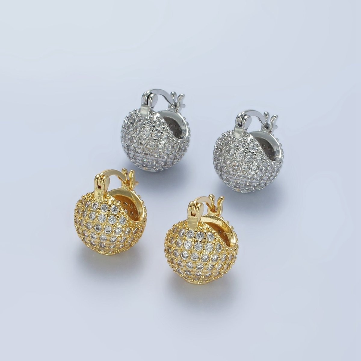 14K Gold plated Round Ball CZ Micro Paved Dome Latch Earrings in Gold & Silver | V491 V492