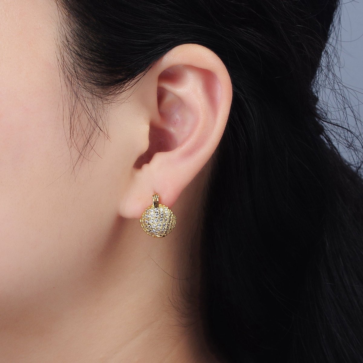 14K Gold plated Round Ball CZ Micro Paved Dome Latch Earrings in Gold & Silver | V491 V492