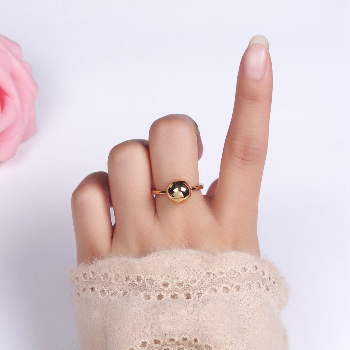 14K Gold plated Round Bead Bubble Minimalist Solitaire Ring | O1259 - DLUXCA