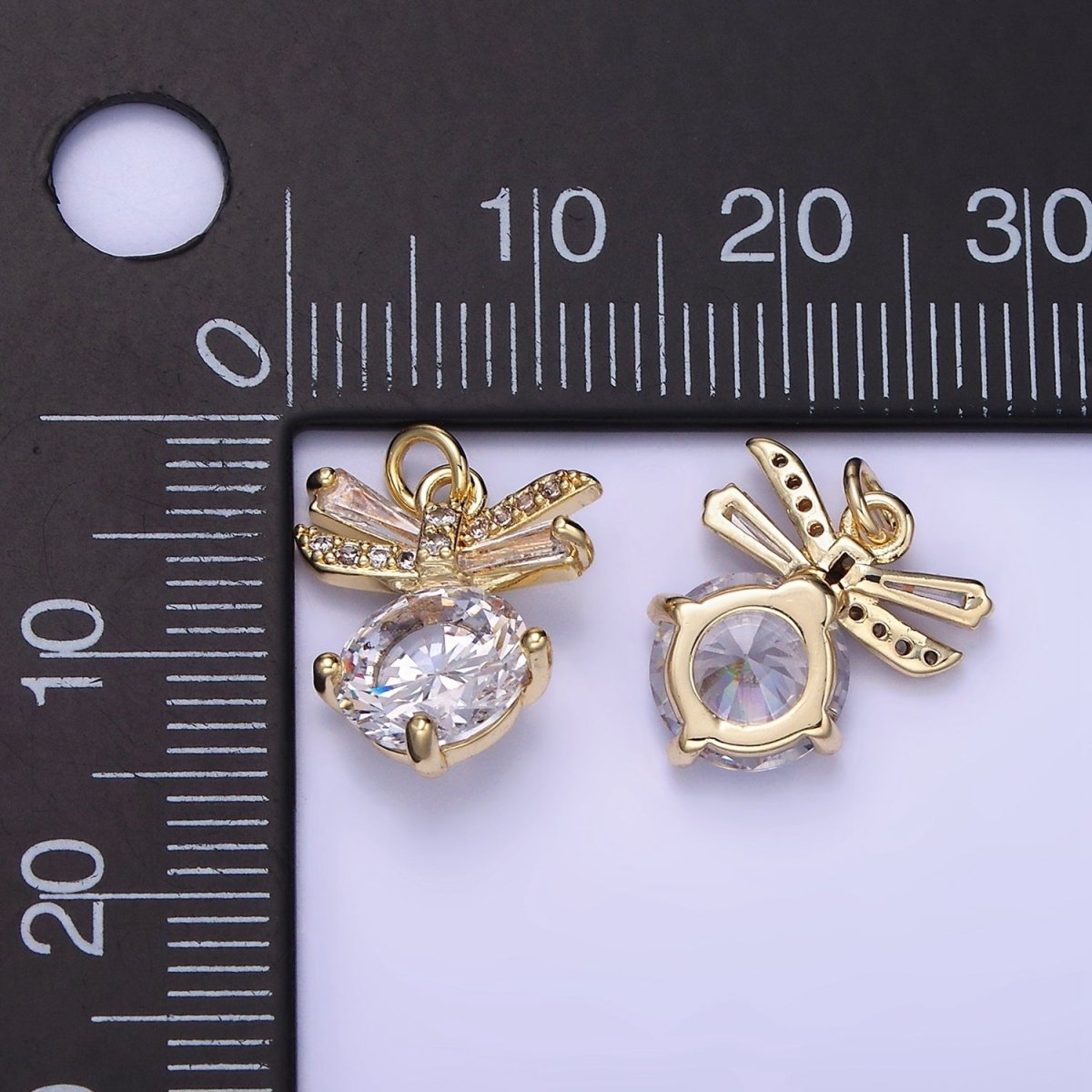 14K Gold plated Round Bow Solitaire Clear Cz Charm | AG-677 - DLUXCA