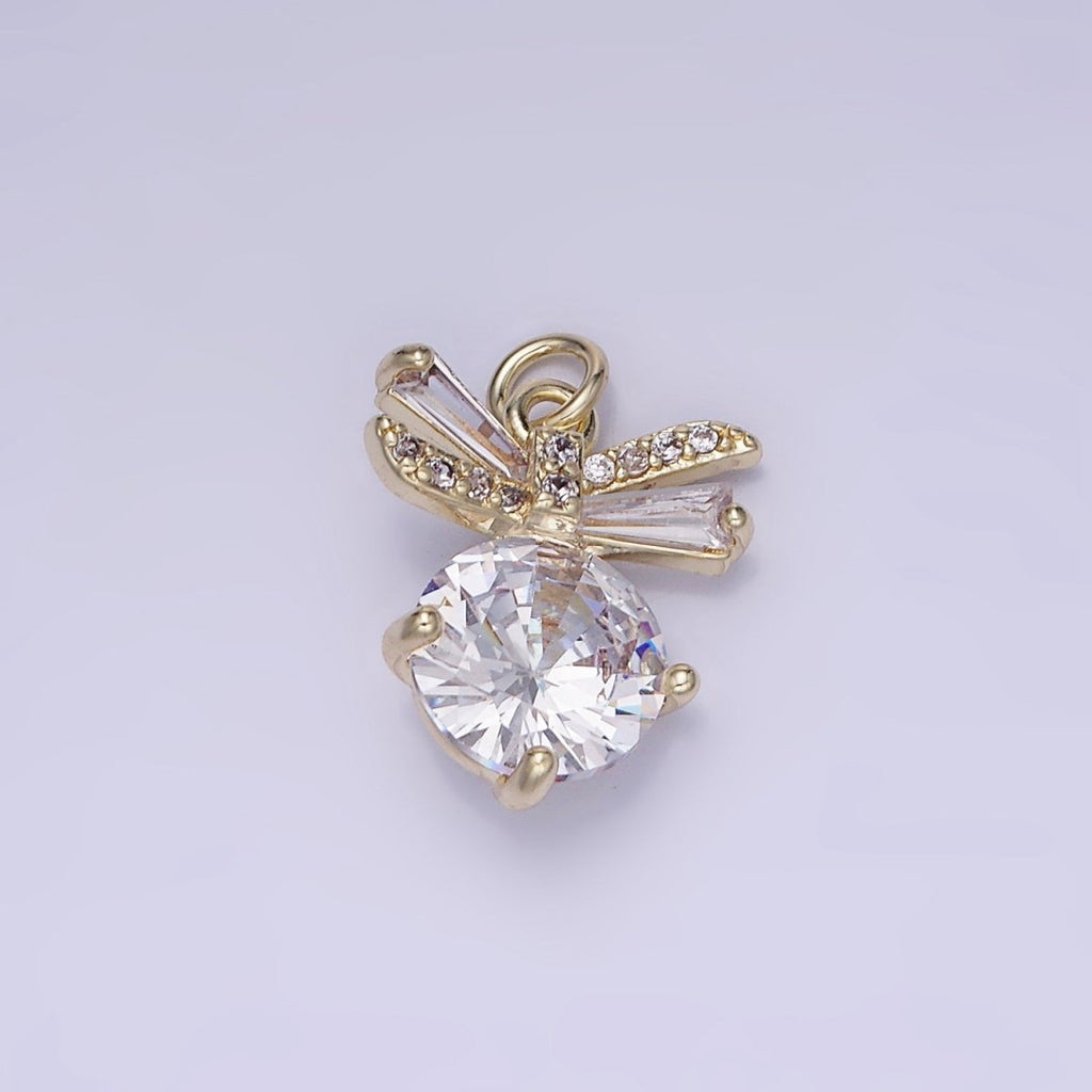 14K Gold plated Round Bow Solitaire Clear Cz Charm | AG-677 - DLUXCA