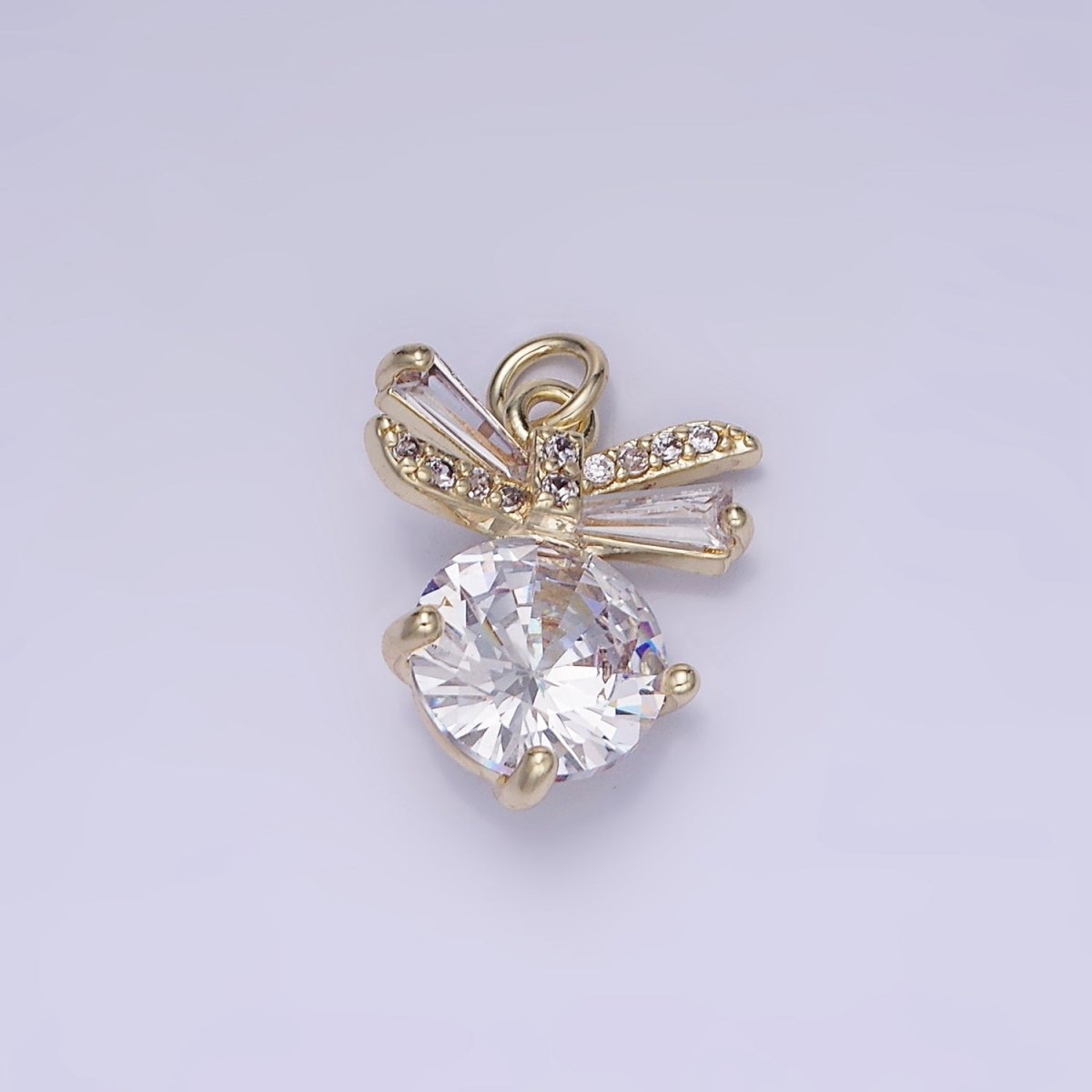 14K Gold plated Round Bow Solitaire Clear Cz Charm | AG-677 - DLUXCA
