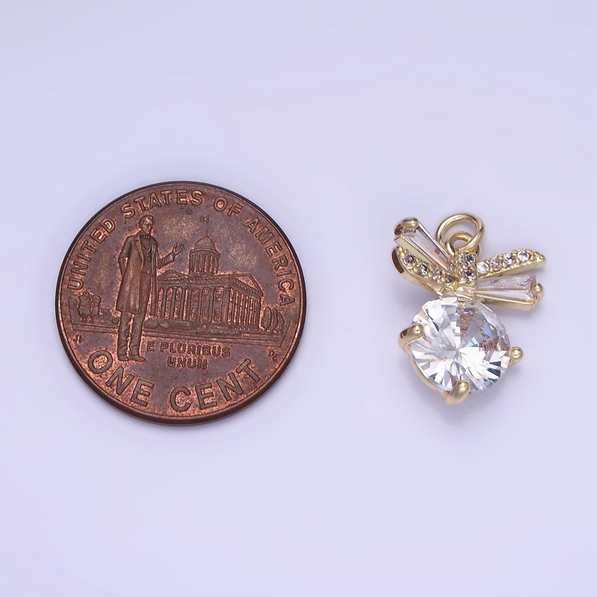 14K Gold plated Round Bow Solitaire Clear Cz Charm | AG-677 - DLUXCA
