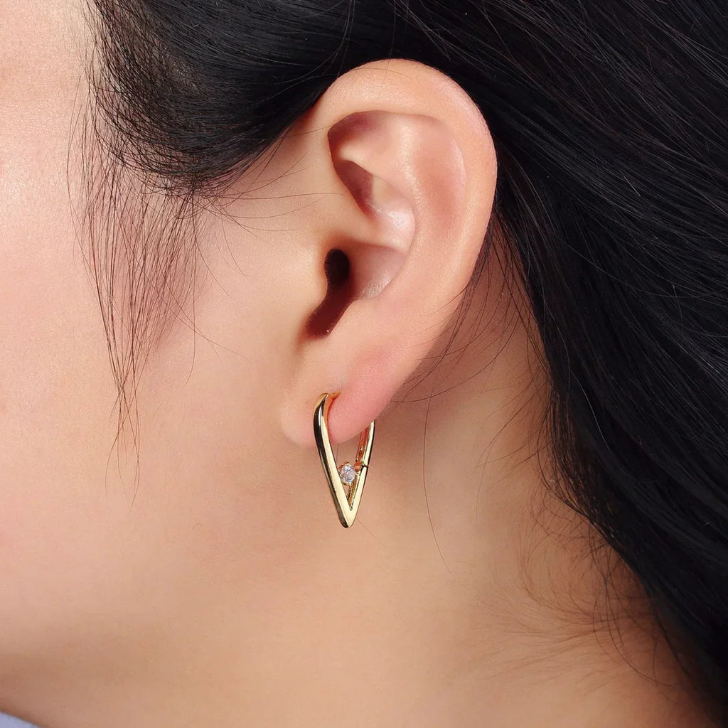 14K Gold plated Round Clear CZ  22mm, 24mm Geometric Triangle Earrings | AB277 AB240