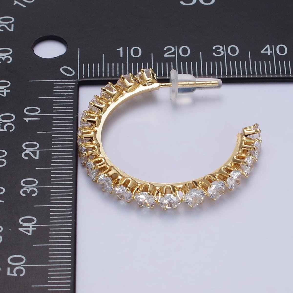 14K Gold plated Round Clear CZ Lined C-Shaped 36mm Hoop Earrings | AB157 - DLUXCA