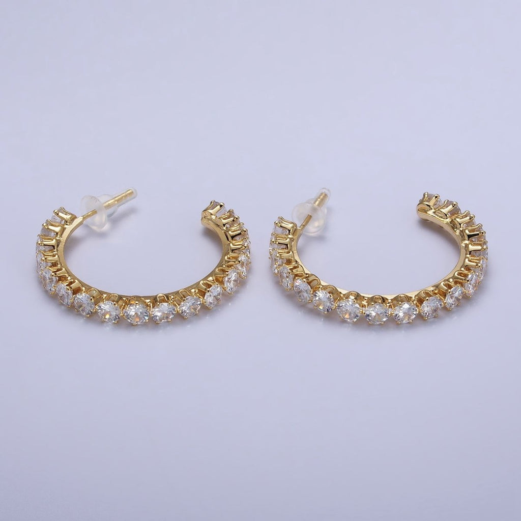 14K Gold plated Round Clear CZ Lined C-Shaped 36mm Hoop Earrings | AB157 - DLUXCA