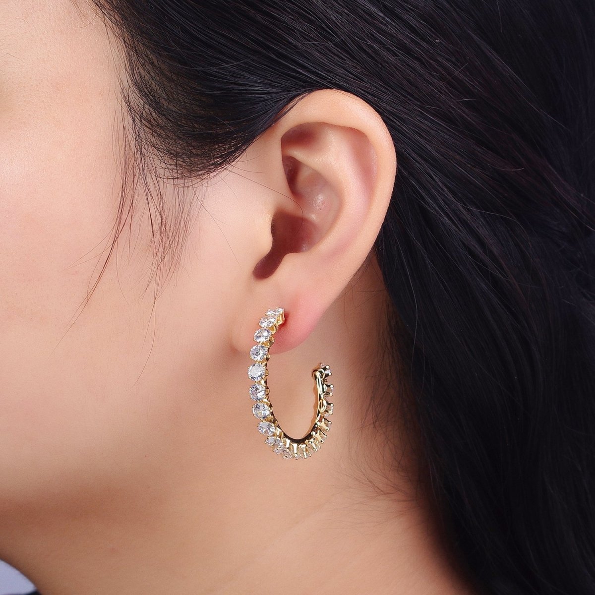 14K Gold plated Round Clear CZ Lined C-Shaped 36mm Hoop Earrings | AB157 - DLUXCA