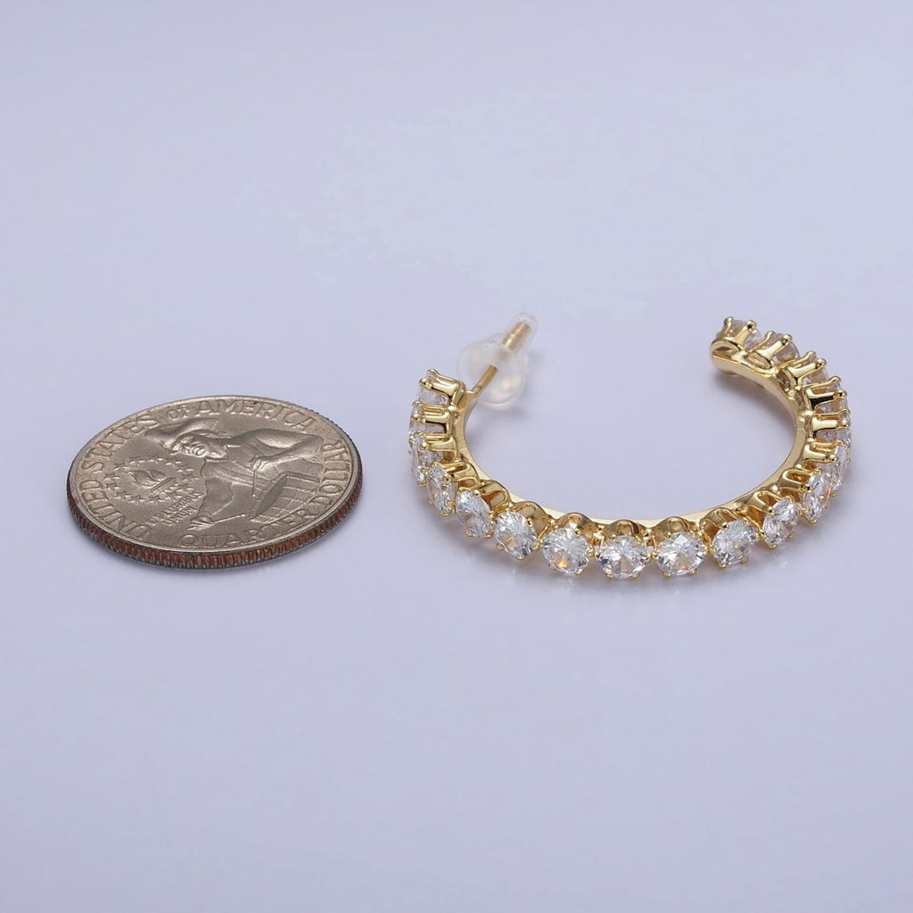 14K Gold plated Round Clear CZ Lined C-Shaped 36mm Hoop Earrings | AB157 - DLUXCA