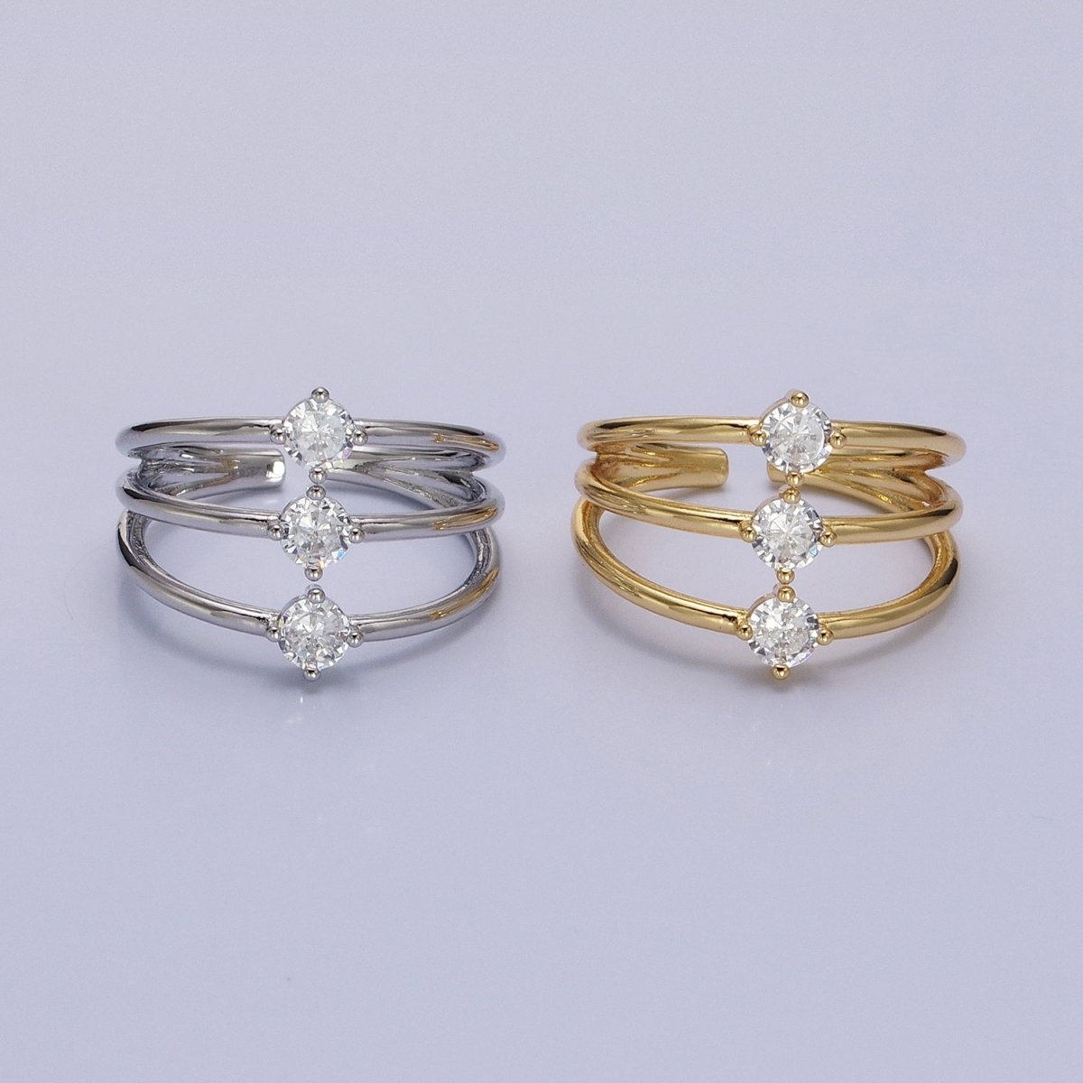 14K Gold plated Round Clear CZ Triple Band Ring in Gold & Silver | O1950 O1951 - DLUXCA