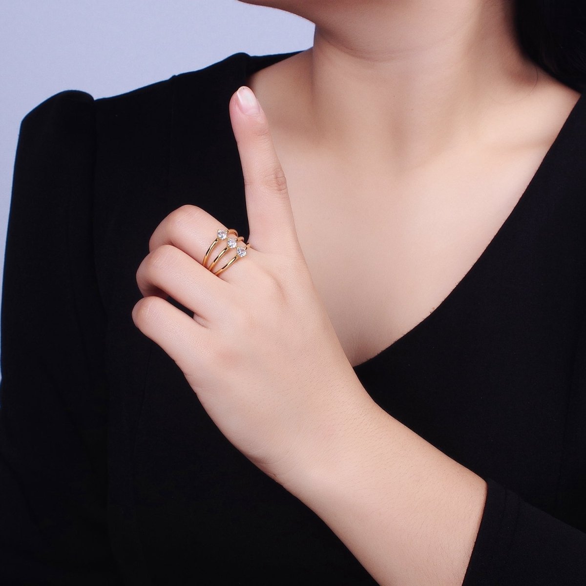14K Gold plated Round Clear CZ Triple Band Ring in Gold & Silver | O1950 O1951 - DLUXCA