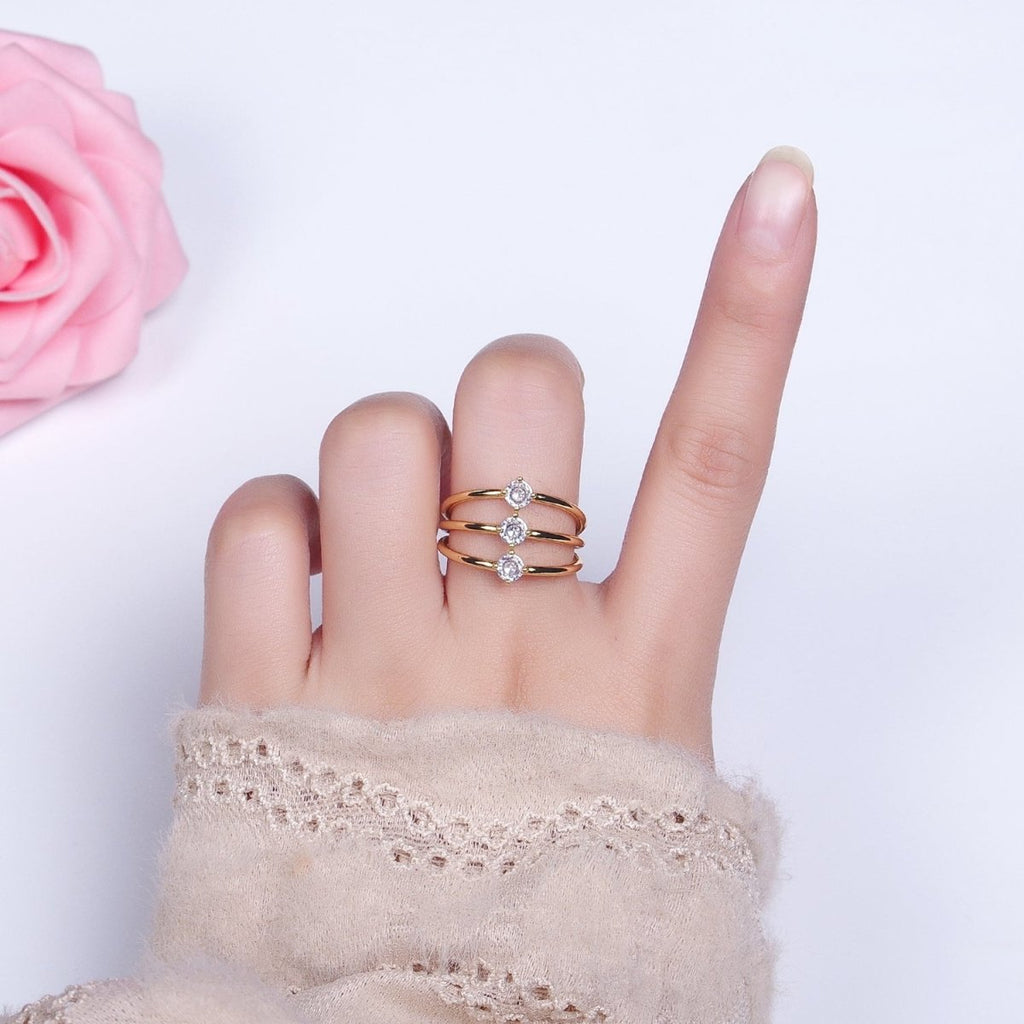 14K Gold plated Round Clear CZ Triple Band Ring in Gold & Silver | O1950 O1951 - DLUXCA