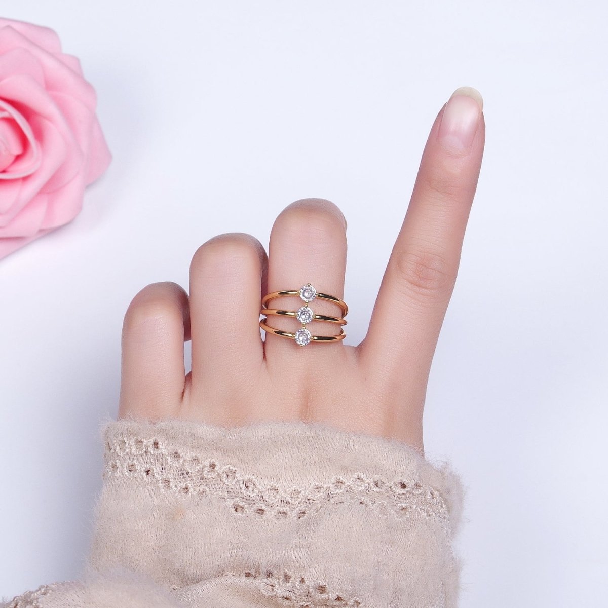 14K Gold plated Round Clear CZ Triple Band Ring in Gold & Silver | O1950 O1951 - DLUXCA