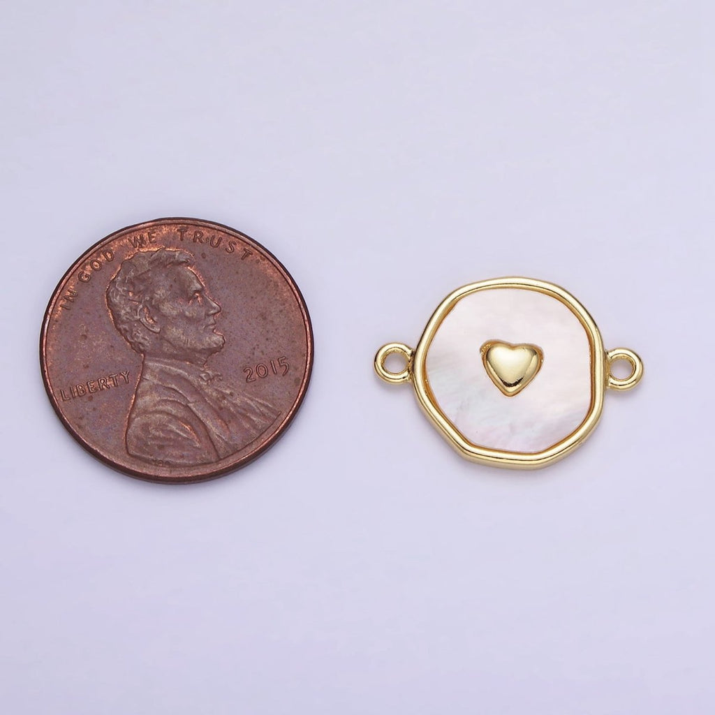 14K Gold plated Round Coin Heart Charm Connector Shell Pearl Link Connector | G286 - DLUXCA