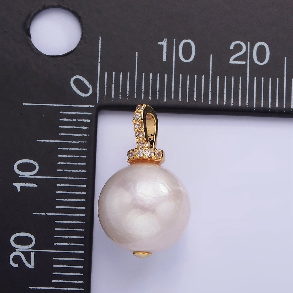 14K Gold plated Round Freshwater Pearl Micro Paved CZ Bail Pendant | P1693 - DLUXCA