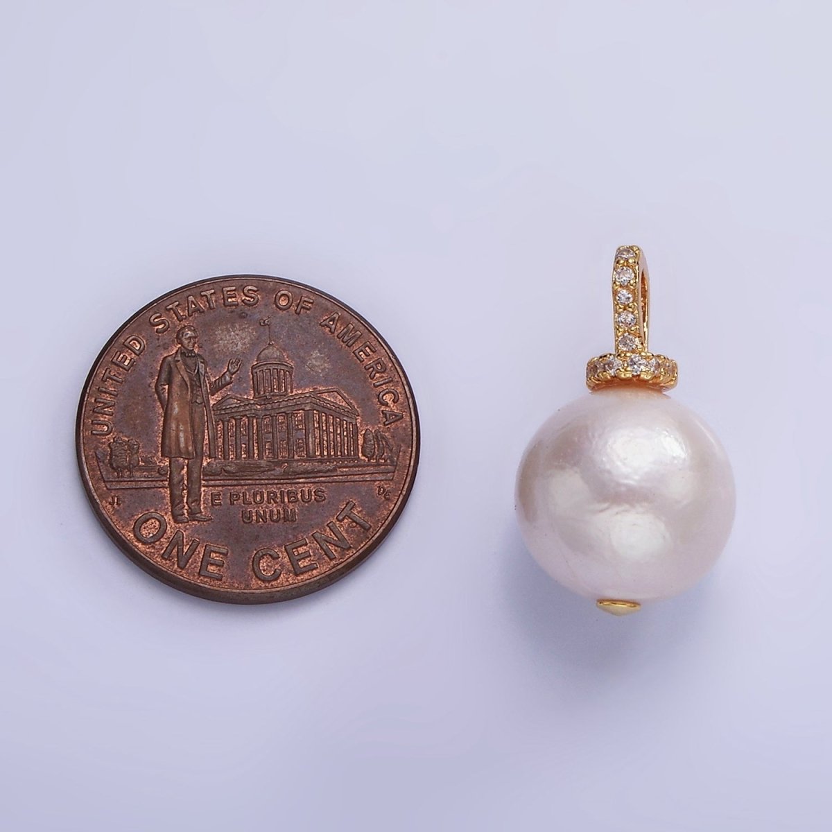14K Gold plated Round Freshwater Pearl Micro Paved CZ Bail Pendant | P1693 - DLUXCA