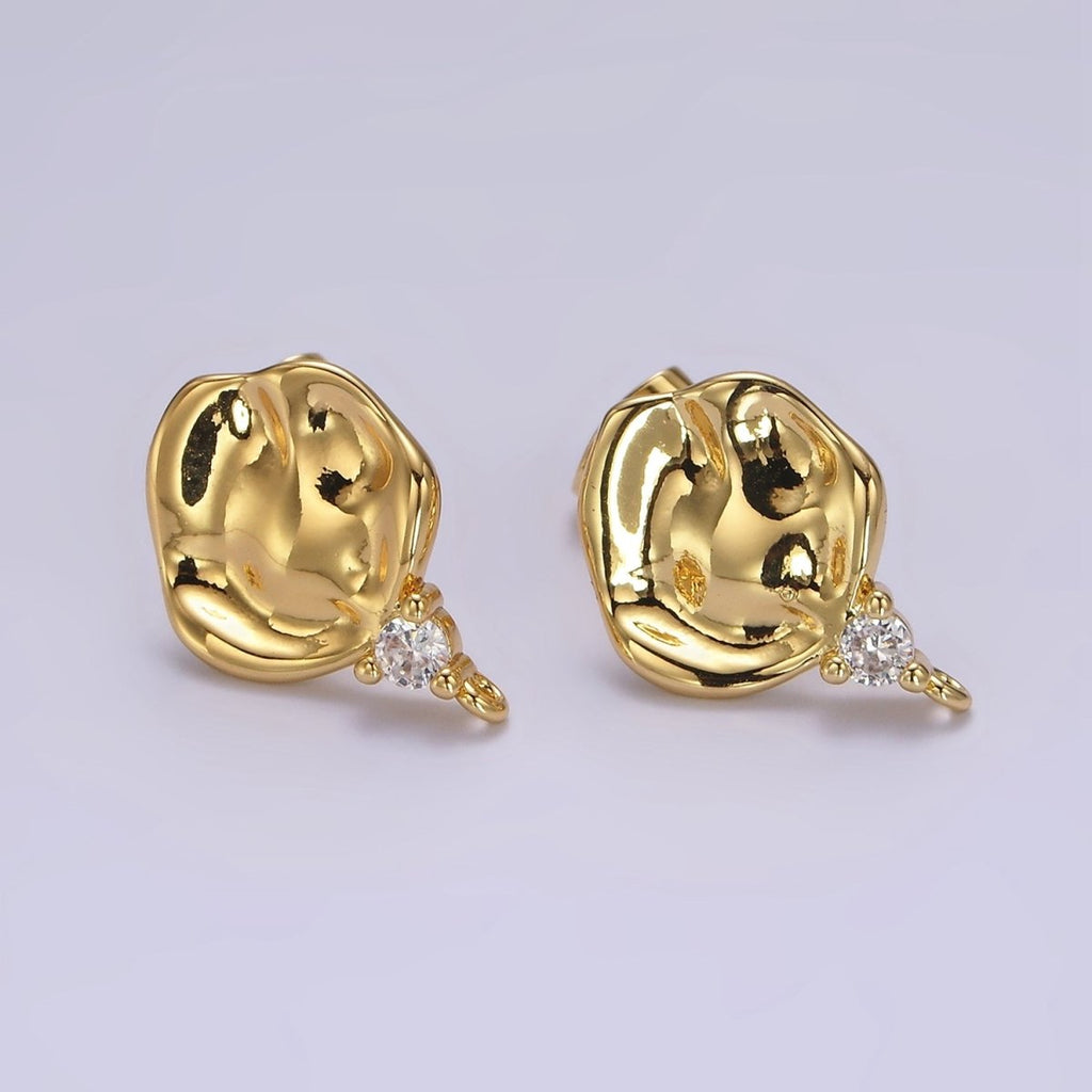 14K Gold plated Round Hammered Clear CZ Drop Open Loop Stud Earrings Findings Supply | Z602 - DLUXCA