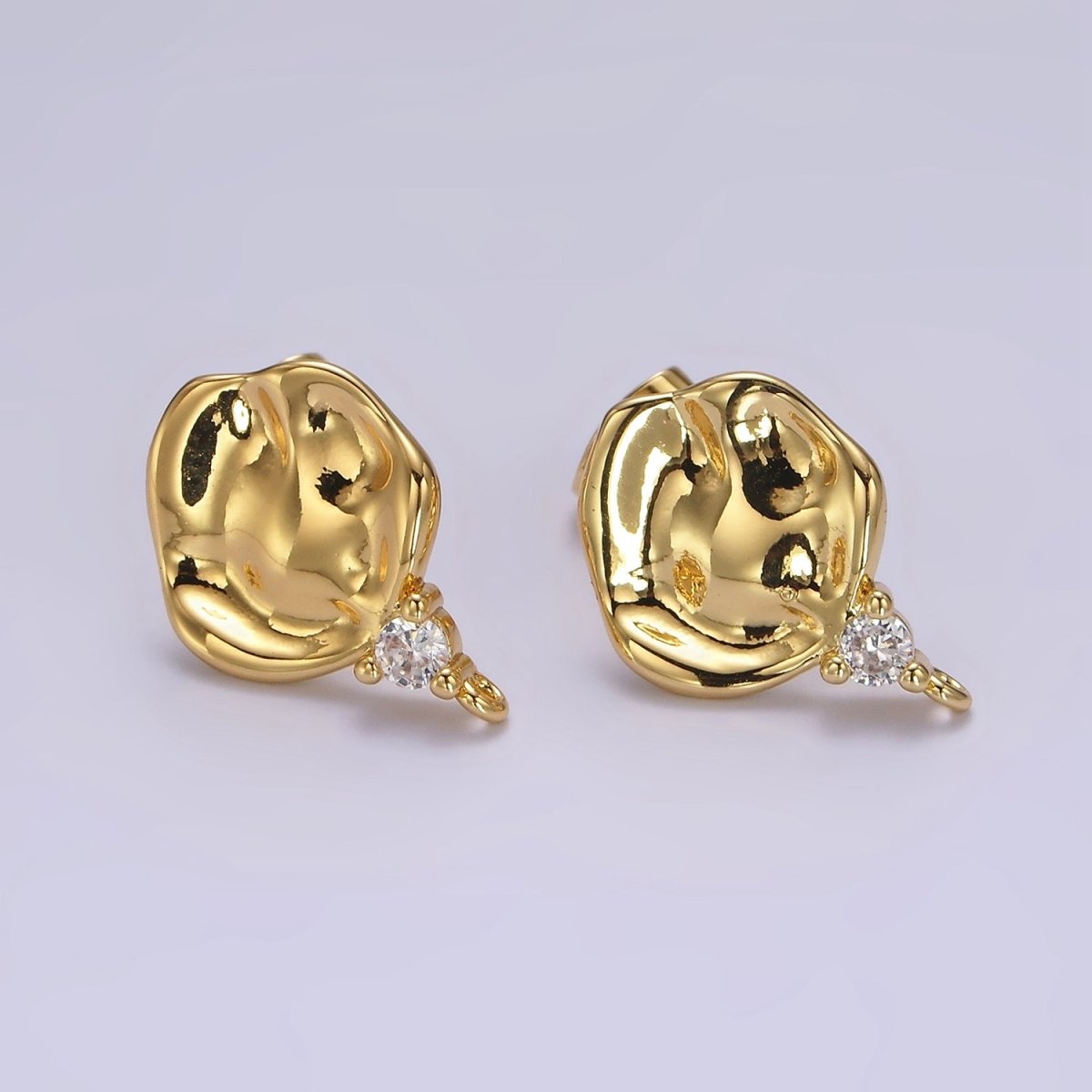 14K Gold plated Round Hammered Clear CZ Drop Open Loop Stud Earrings Findings Supply | Z602 - DLUXCA