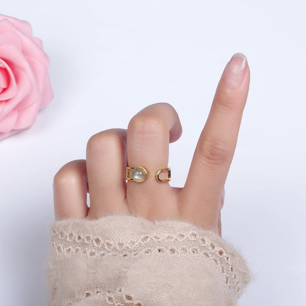 14K Gold plated Round Labradorite Bar Wrap Double Band Ring | O-642 - DLUXCA
