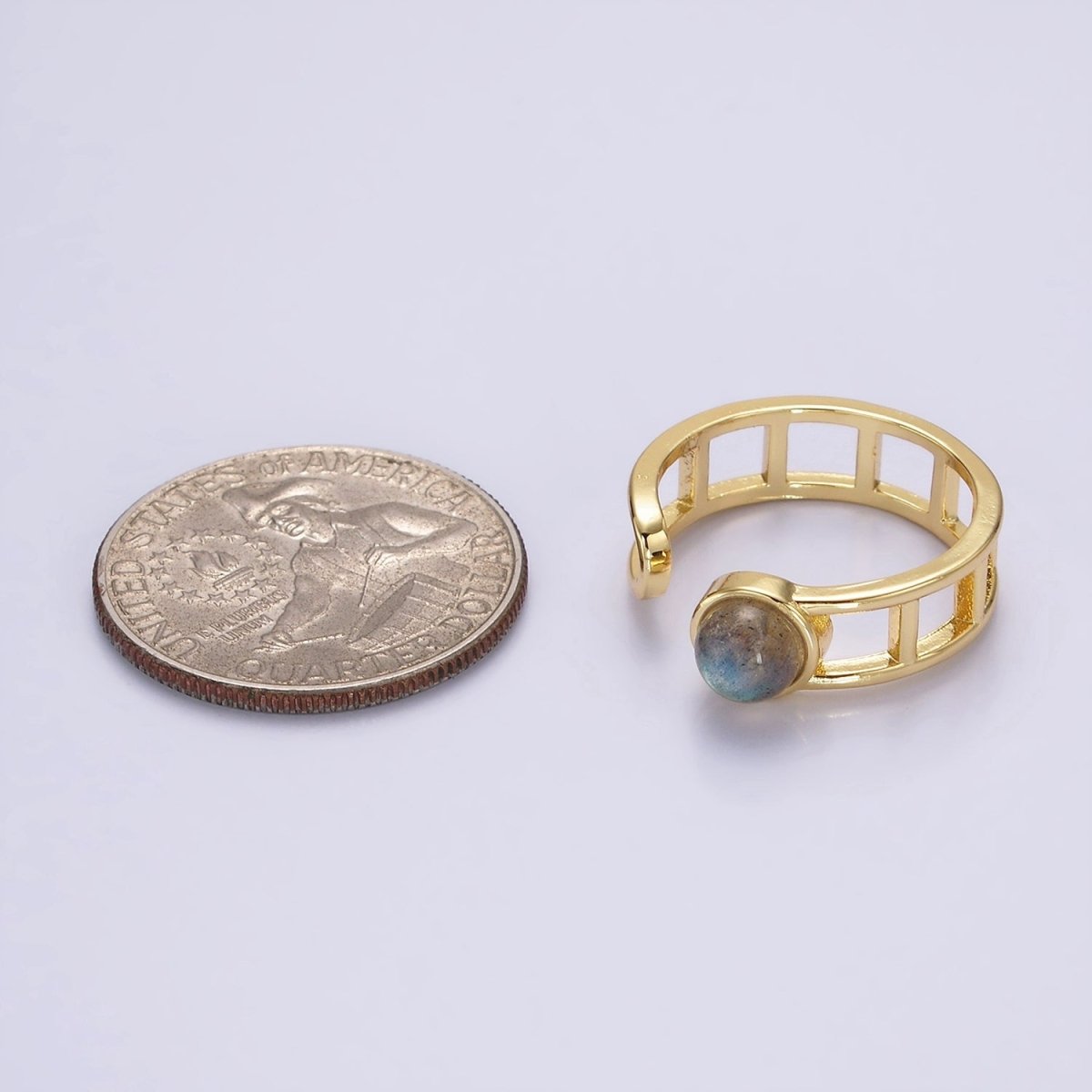 14K Gold plated Round Labradorite Bar Wrap Double Band Ring | O-642 - DLUXCA