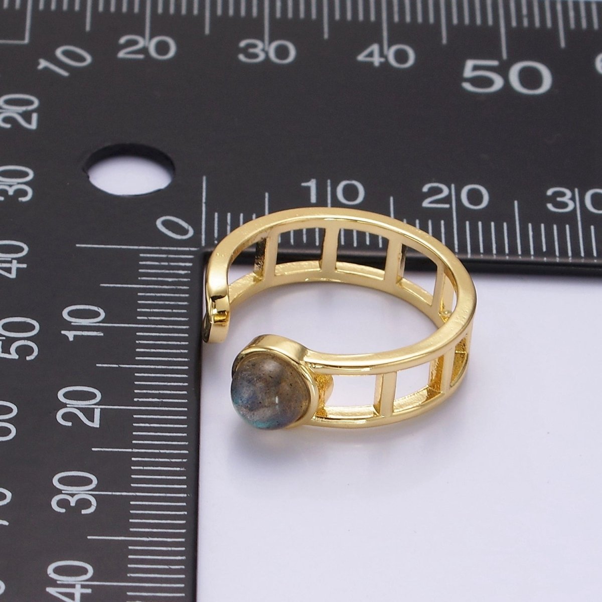 14K Gold plated Round Labradorite Bar Wrap Double Band Ring | O-642 - DLUXCA
