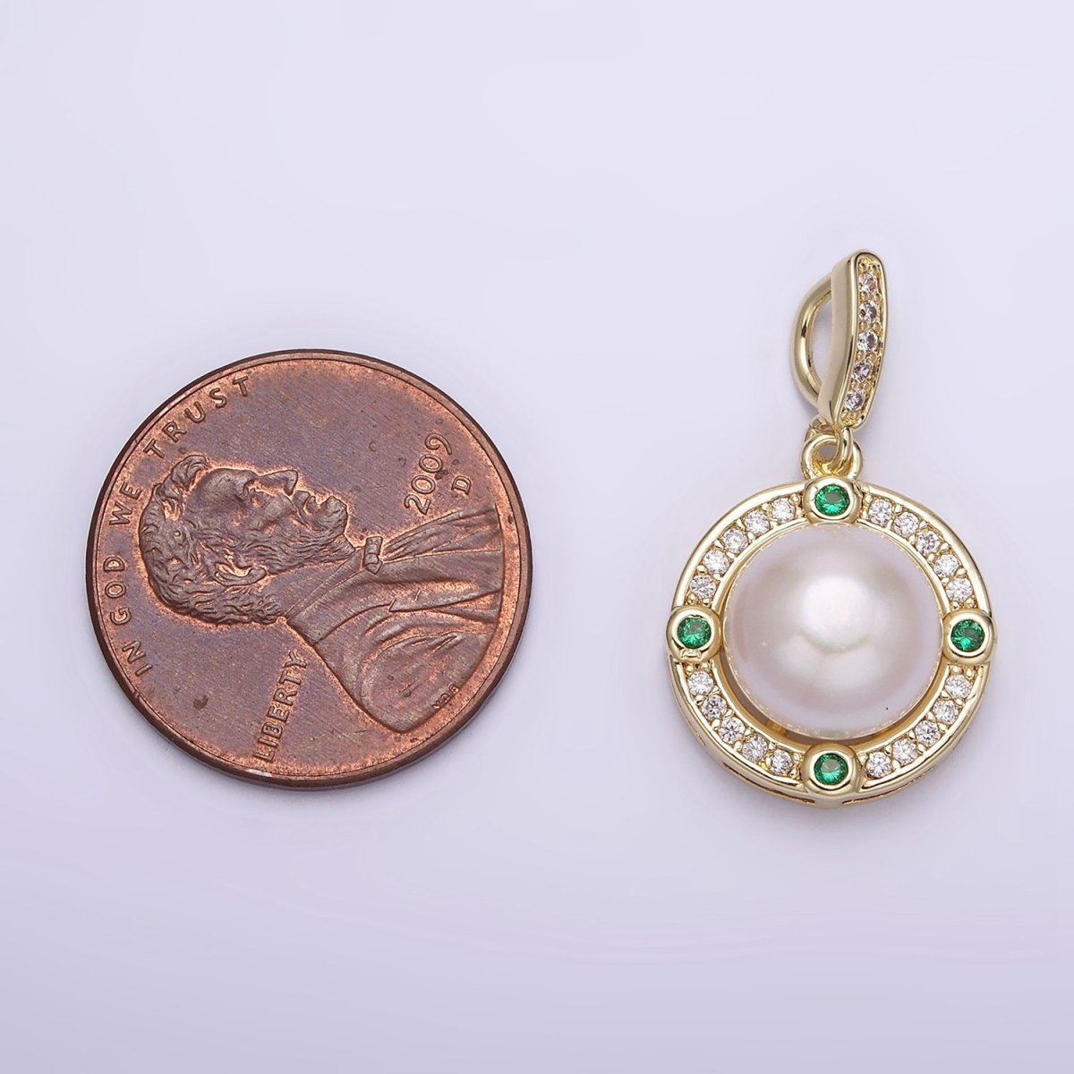 14K Gold plated Round Shell Pearl Green CZ Clear Micro Paved CZ Bail Pendant | AA631 - DLUXCA