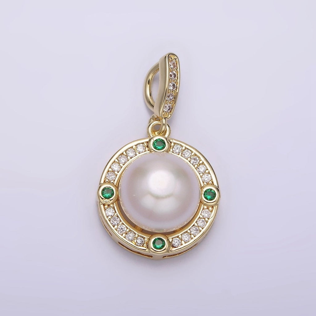 14K Gold plated Round Shell Pearl Green CZ Clear Micro Paved CZ Bail Pendant | AA631 - DLUXCA