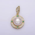 14K Gold plated Round Shell Pearl Green CZ Clear Micro Paved CZ Bail Pendant | AA631 - DLUXCA