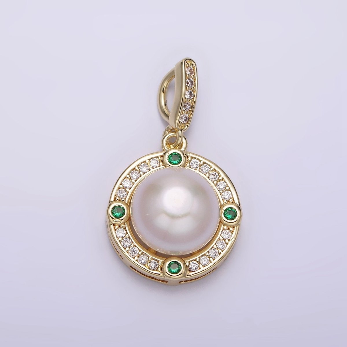 14K Gold plated Round Shell Pearl Green CZ Clear Micro Paved CZ Bail Pendant | AA631 - DLUXCA