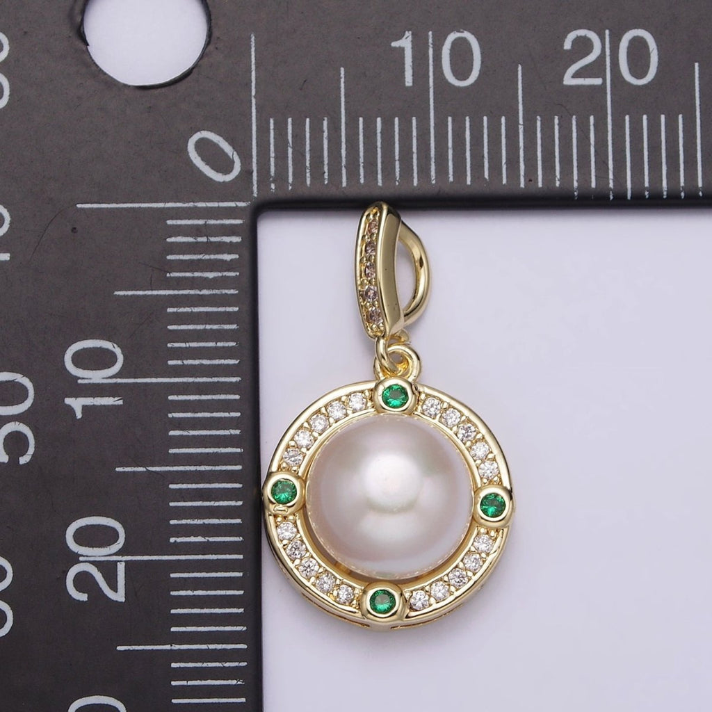 14K Gold plated Round Shell Pearl Green CZ Clear Micro Paved CZ Bail Pendant | AA631 - DLUXCA
