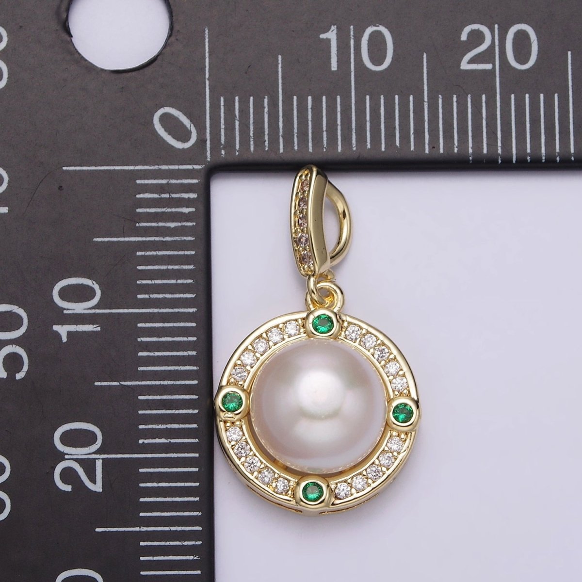 14K Gold plated Round Shell Pearl Green CZ Clear Micro Paved CZ Bail Pendant | AA631 - DLUXCA