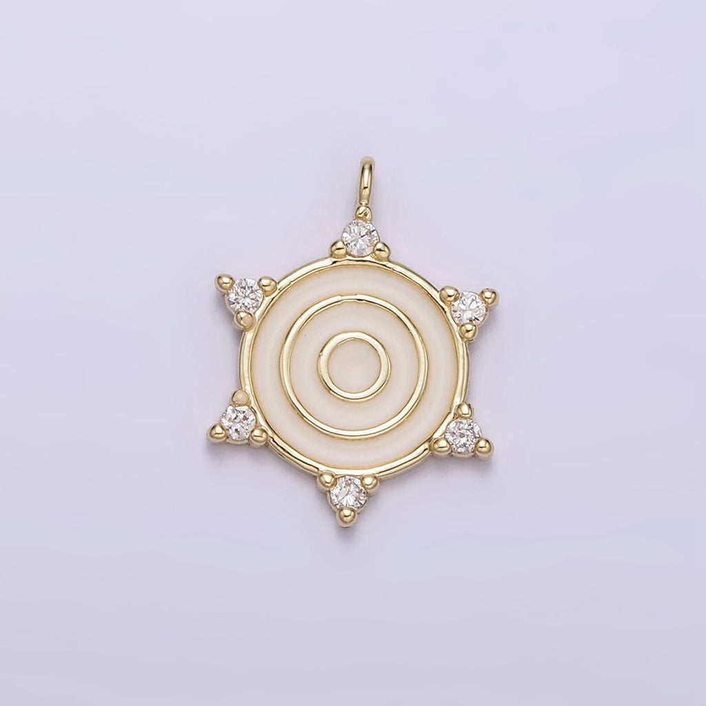 14K Gold plated Round White Enamel Clear CZ Dotted Outline Charm | N1016 - DLUXCA