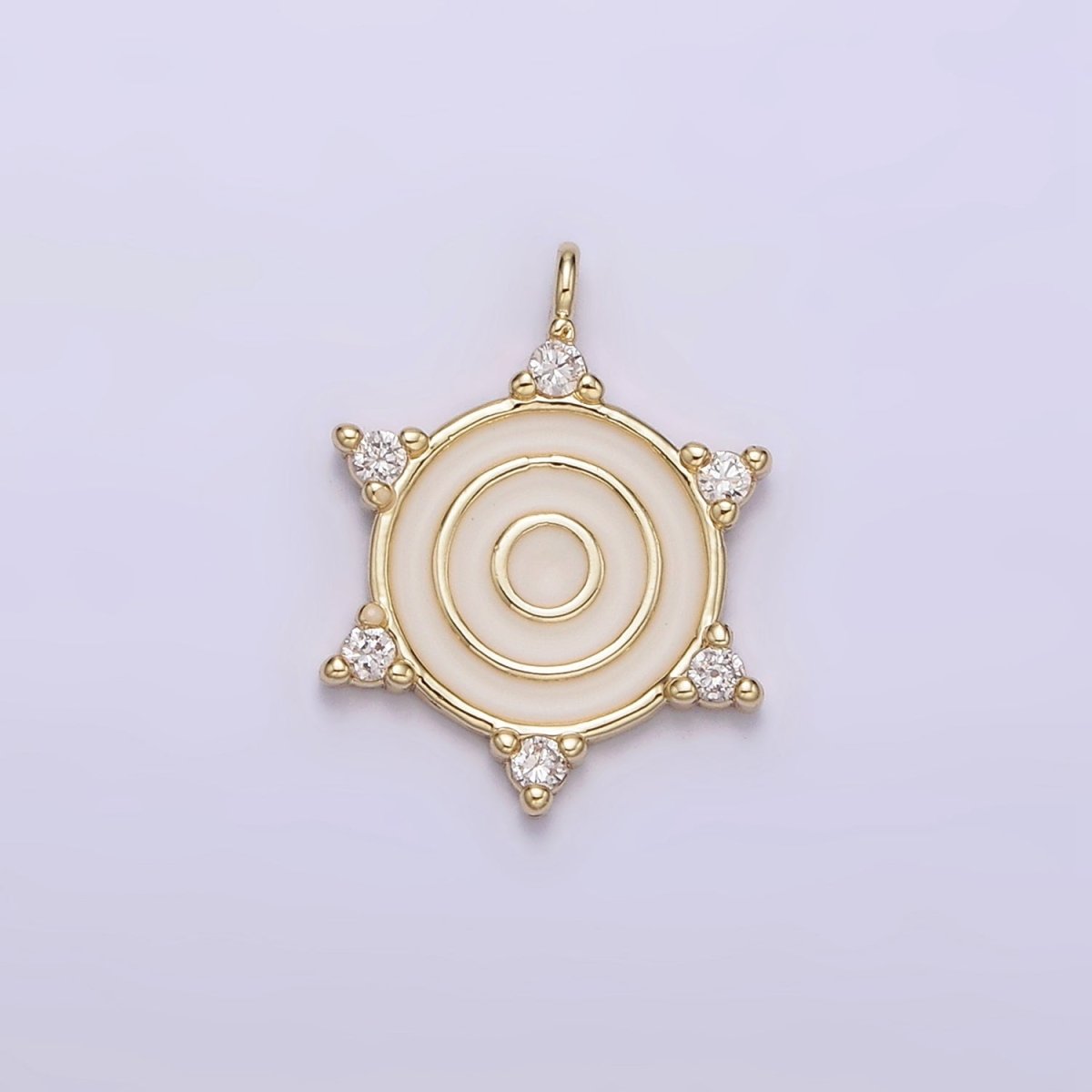 14K Gold plated Round White Enamel Clear CZ Dotted Outline Charm | N1016 - DLUXCA