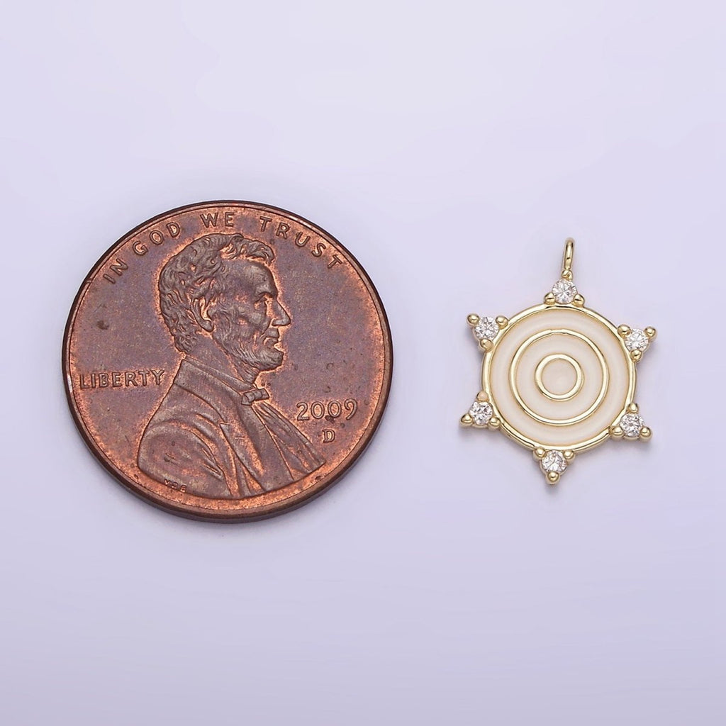 14K Gold plated Round White Enamel Clear CZ Dotted Outline Charm | N1016 - DLUXCA