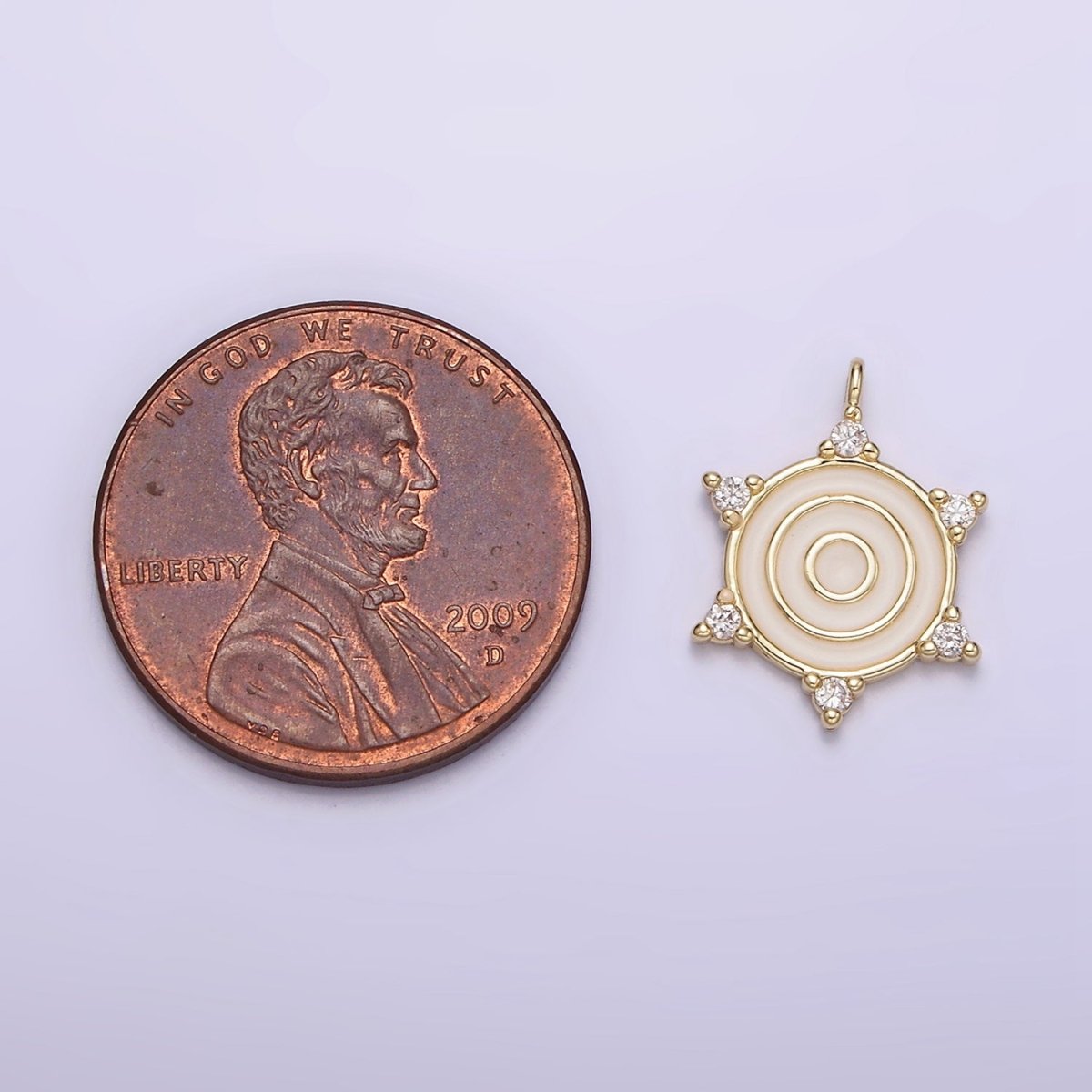 14K Gold plated Round White Enamel Clear CZ Dotted Outline Charm | N1016 - DLUXCA